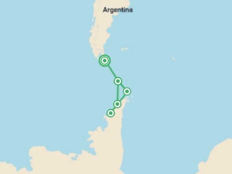 Map itinerary of Ushuaia Tour in December 2025 with 5 destination visits for the trip: Antarctic Circle - M/V Ocean Victory