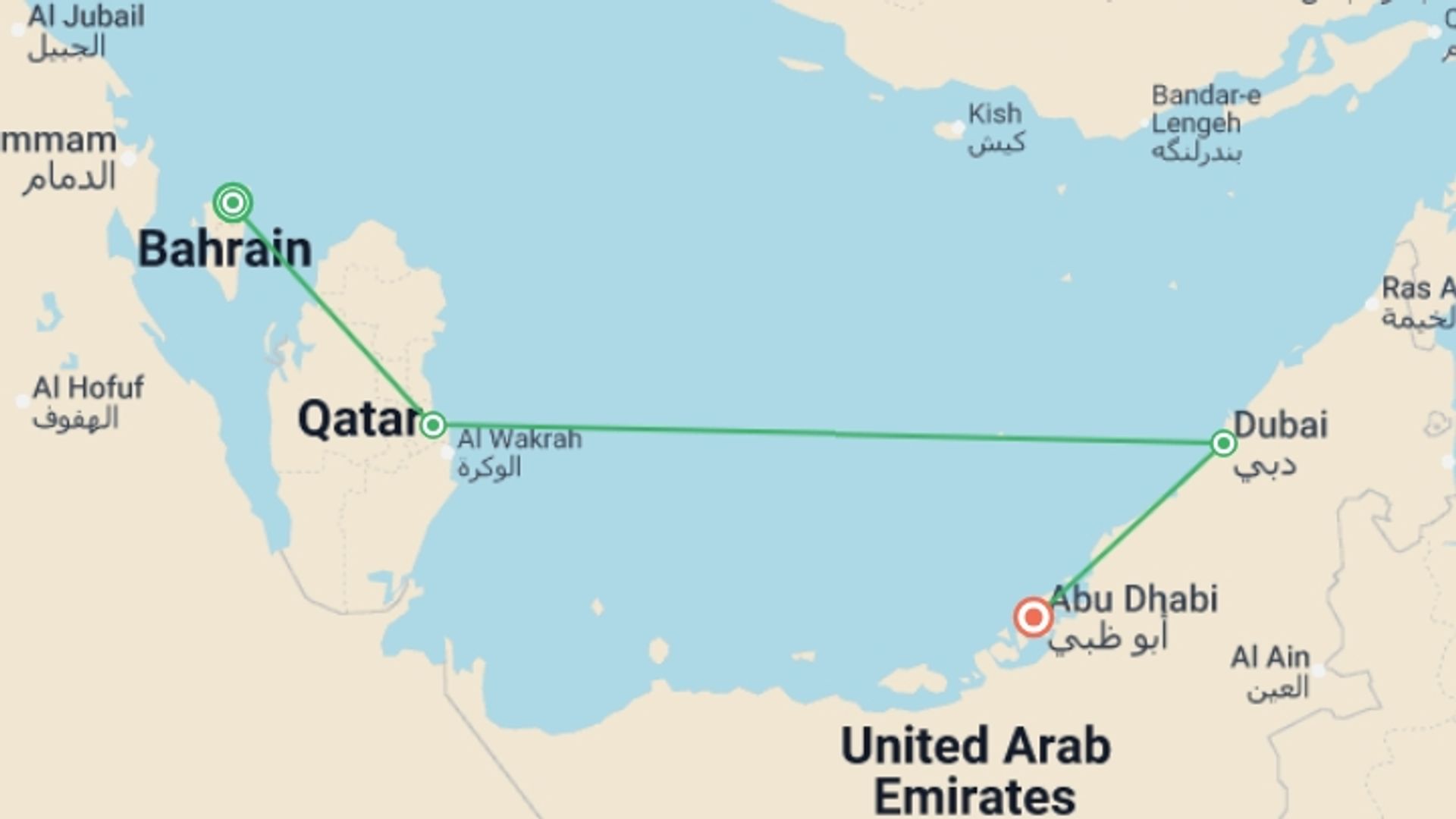 A map showing the tour itinerary for the trip: Bahrain, Qatar, Dubai and Abu Dhabi, starting in Manama, Bahrain and ending in Abu Dhabi, UAE going through 2 other destinations.