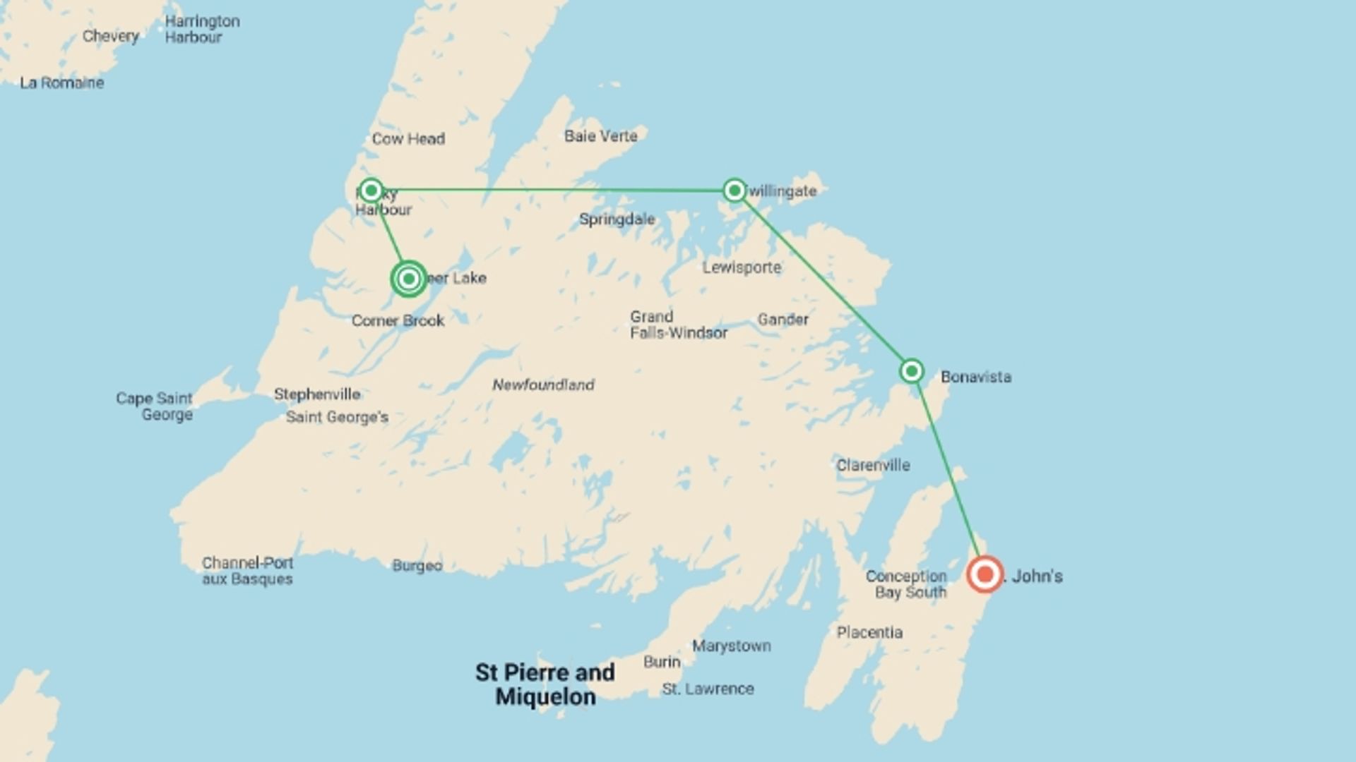 A map showing the tour itinerary for the trip: Newfoundland Adventure: From Deer Lake to St. John's, starting in Deer Lake, Canada and ending in St. John's, Canada going through 3 other destinations.