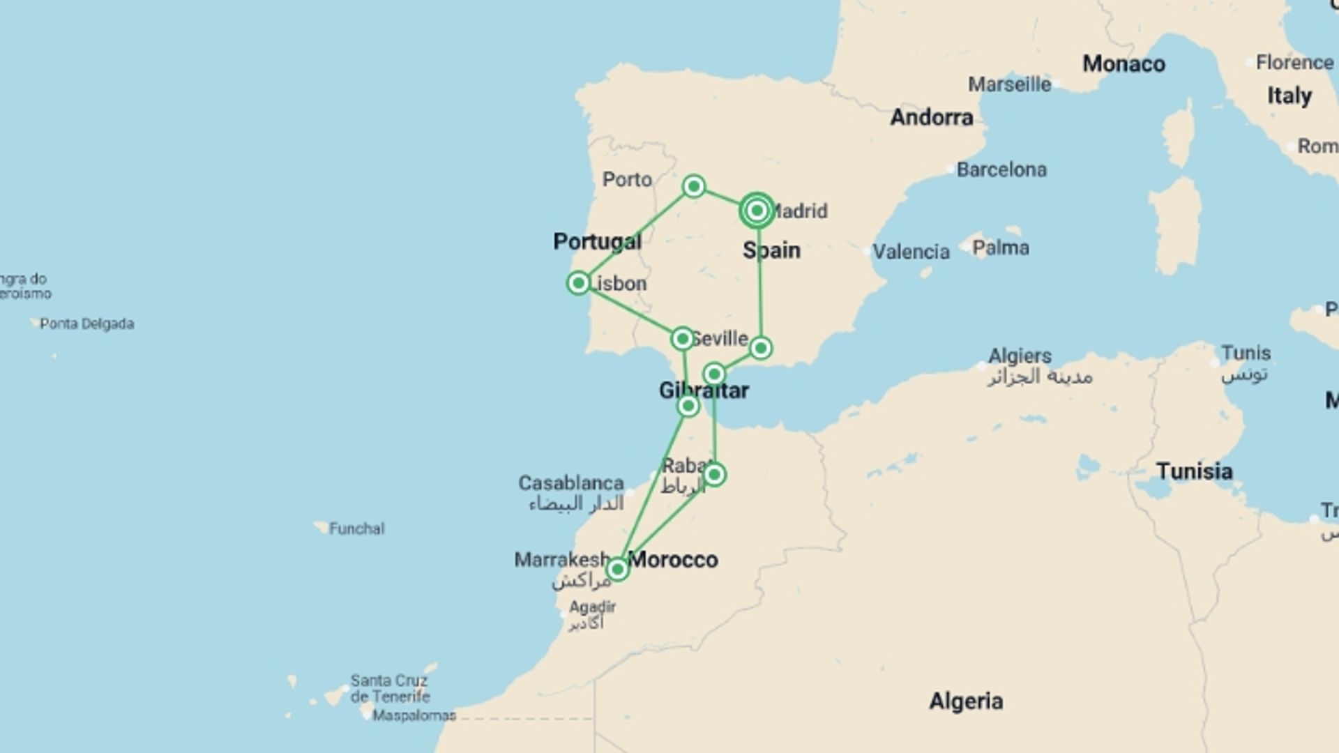 A map showing the tour itinerary for the trip: Highlights of Spain, Morocco and Portugal, starting in Madrid, Spain and ending in Madrid, Spain going through 8 other destinations.