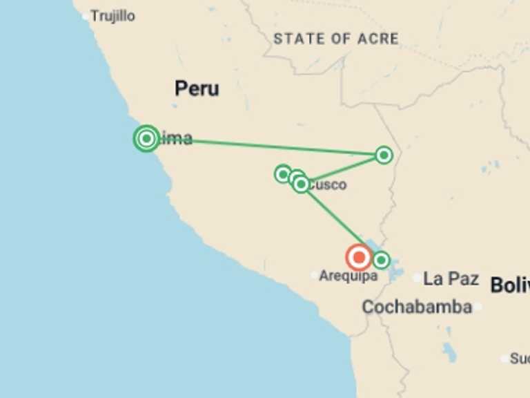 Map itinerary of Puno Tour in June 2026 with 8 destination visits for the trip: Best of Peru