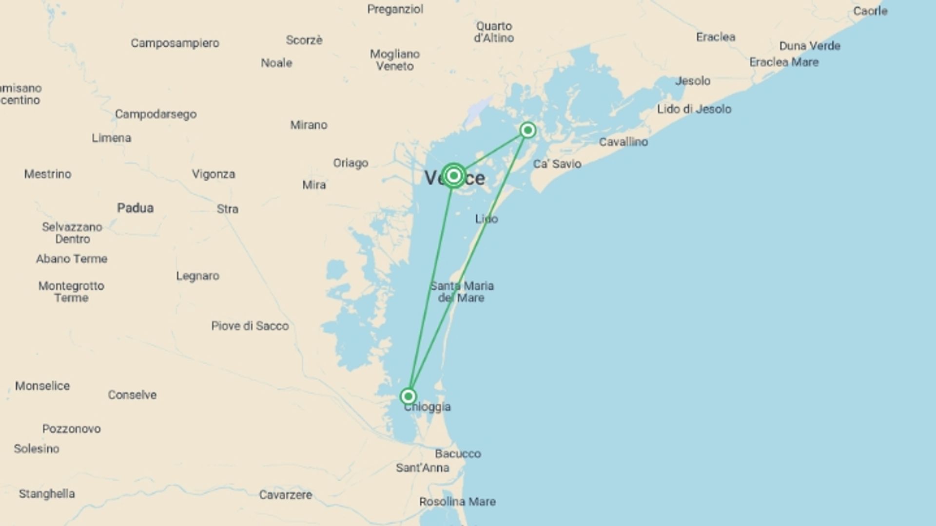 A map showing the tour itinerary for the trip: Venice & the Jewels of Veneto (2027), starting in Venice, Italy and ending in Venice, Italy going through 2 other destinations.