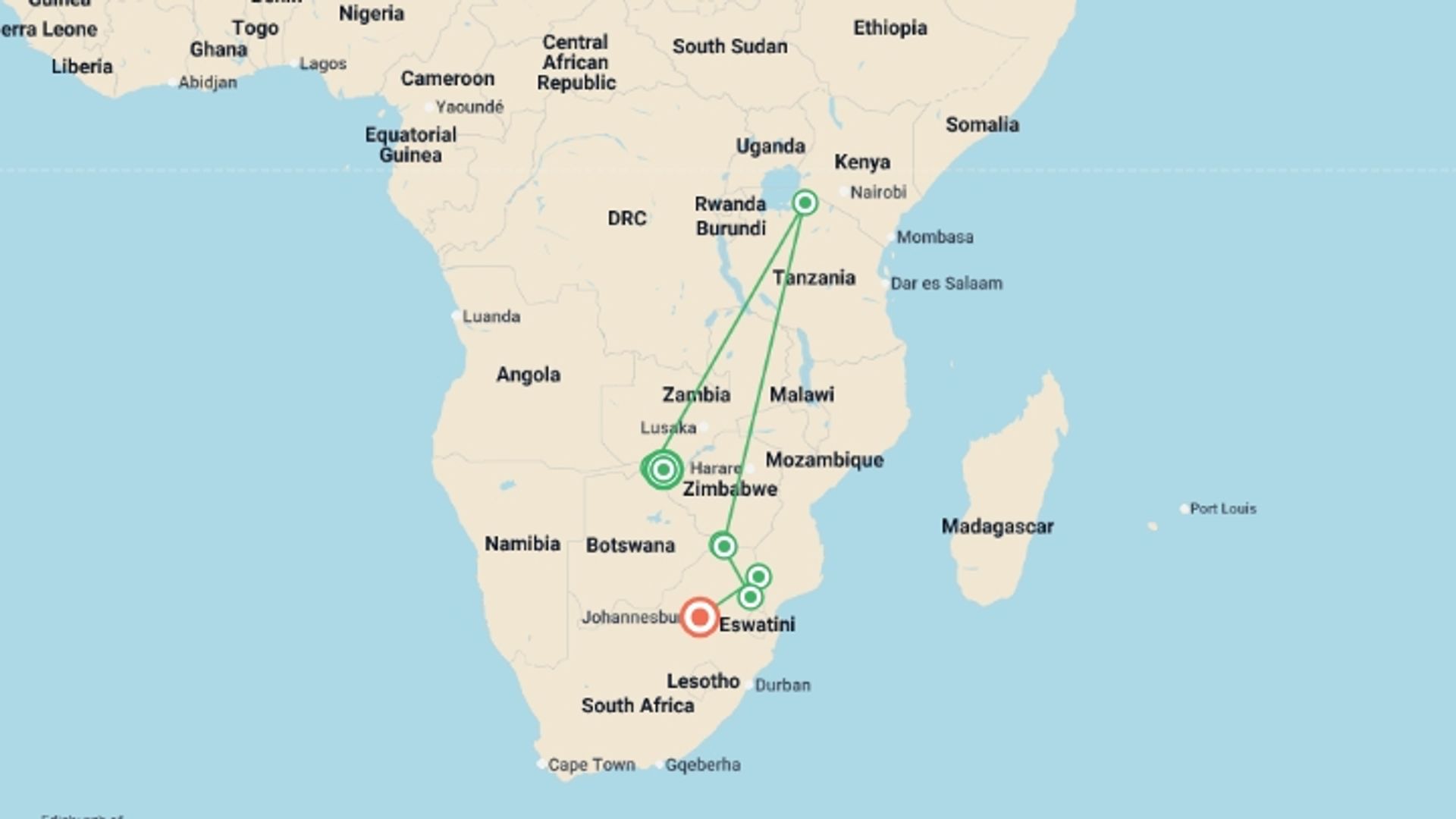 A map showing the tour itinerary for the trip: Victoria Falls to Joburg - 12 Days , starting in Victoria Falls, Zimbabwe and ending in Johannesburg, South Africa going through 6 other destinations.