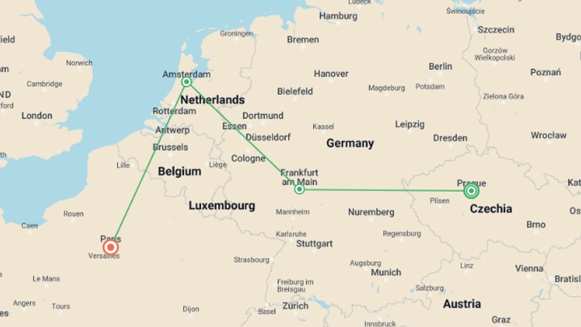 A map showing the tour itinerary for the trip: From Prague to Paris, starting in Prague, Czech Republic and ending in Paris, France going through 0 other destinations.
