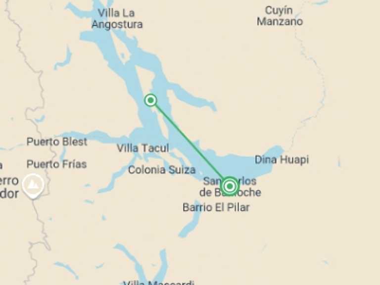 Map itinerary of San Carlos de Bariloche Tour in Summer with 2 destination visits for the trip: 5-Day Nahual Huapi Lake Adventure Tour From Bariloche