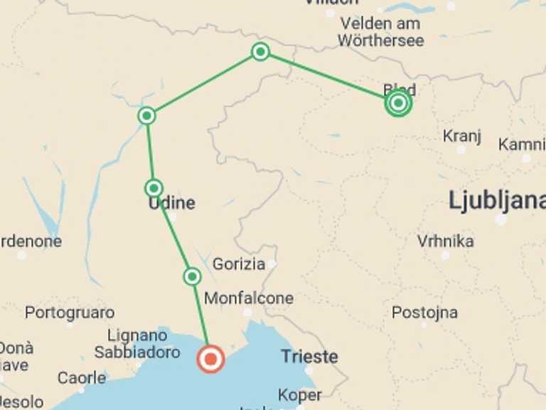 Map of a Bicycle Tour with 6 destination visits for the trip: Julian Alps to the Adriatic Cycling