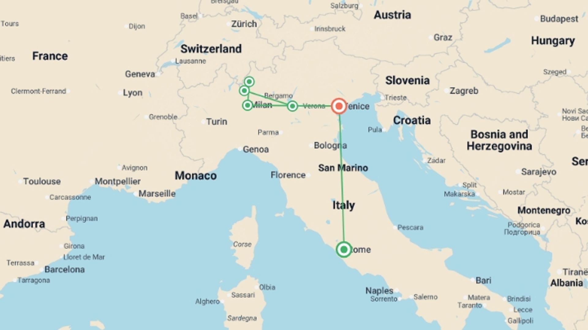 A map showing the tour itinerary for the trip: Northern Italy Unveiled, starting in Rome, Italy and ending in Venice, Italy going through 4 other destinations.