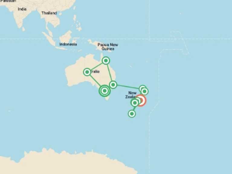 Map of Oceania Tour with 11 destination visits for the trip: Highlights of Australia and New Zealand