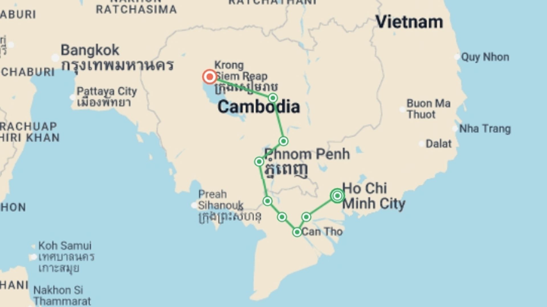 A map showing the tour itinerary for the trip: Cycling the Mekong Delta to Siem Reap - 12 days, starting in Ho Chi Minh City, Vietnam and ending in Siem Reap, Cambodia going through 7 other destinations.