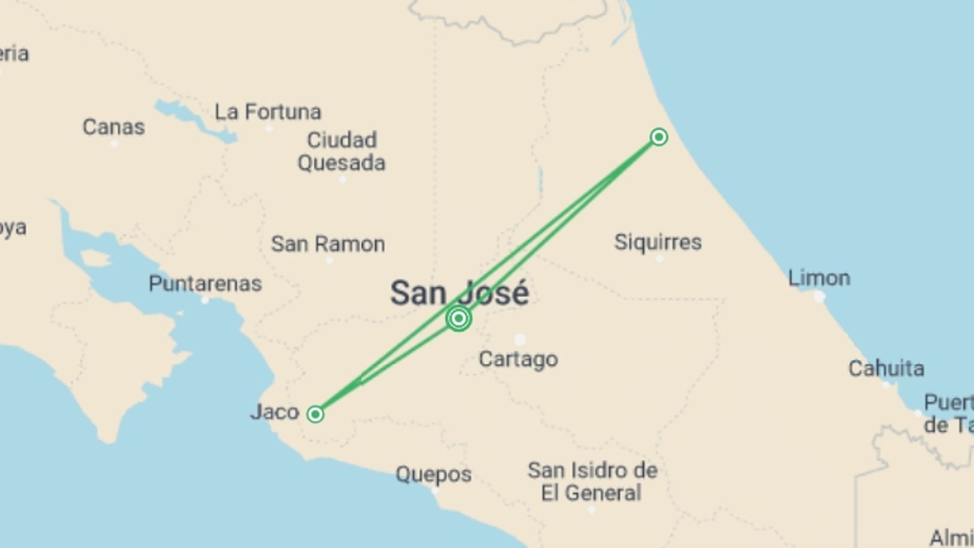 A map showing the tour itinerary for the trip: Explore Tortuguero: The Amazon of Costa Rica , starting in San Jose, Costa Rica and ending in San Jose, Costa Rica going through 1 other destinations.