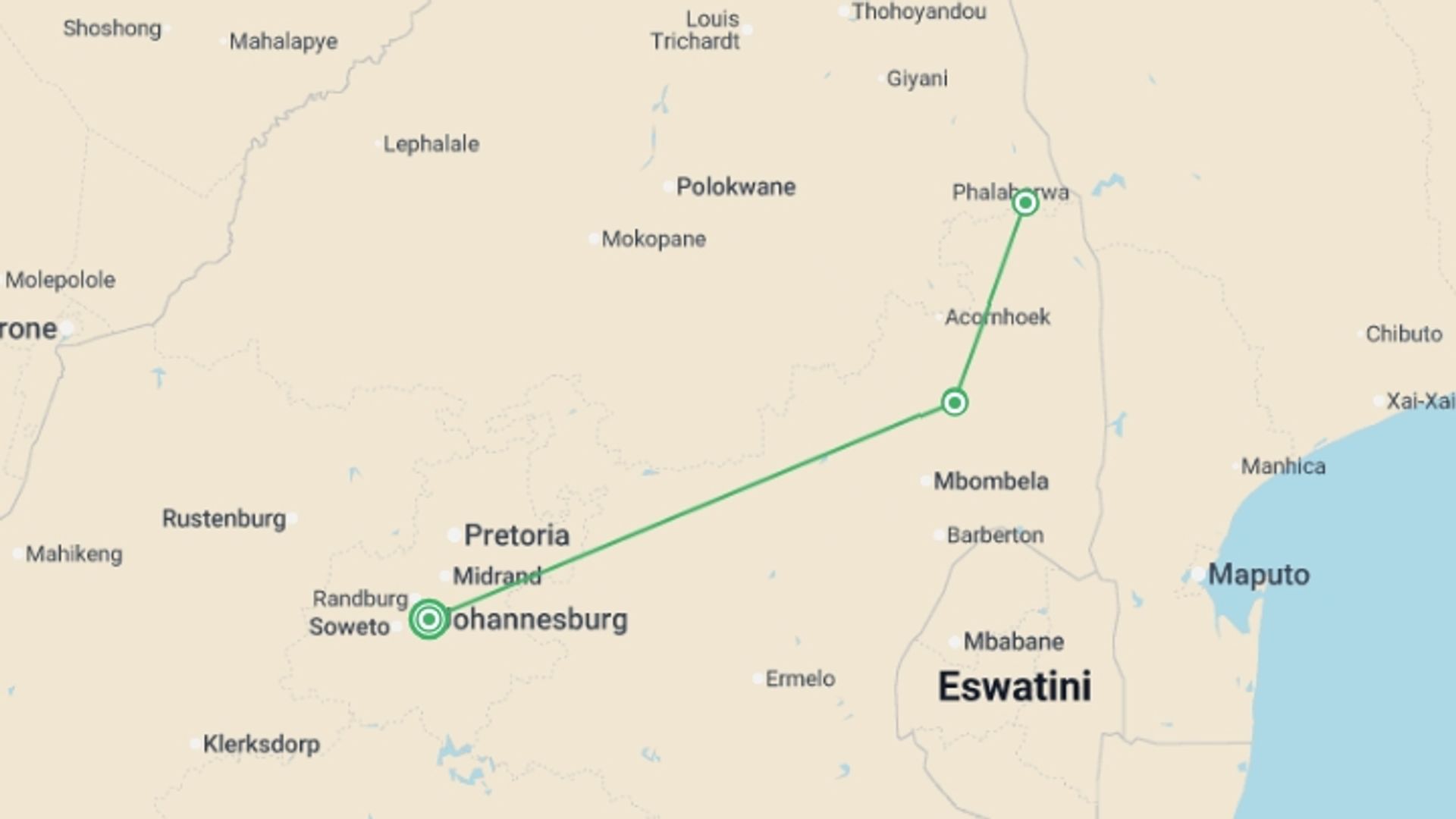 A map showing the tour itinerary for the trip: Kruger Park Highlights, starting in Johannesburg, South Africa and ending in Johannesburg, South Africa going through 2 other destinations.