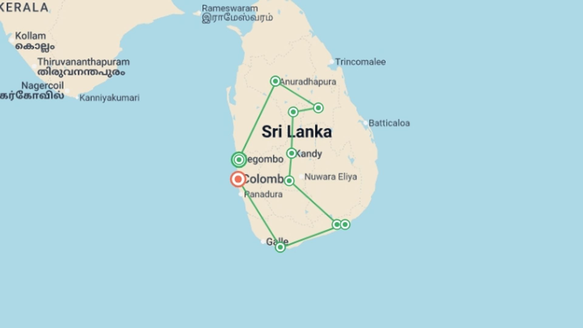 A map showing the tour itinerary for the trip: Cycle Sri Lanka, starting in Negombo, Sri Lanka and ending in Colombo, Sri Lanka going through 8 other destinations.