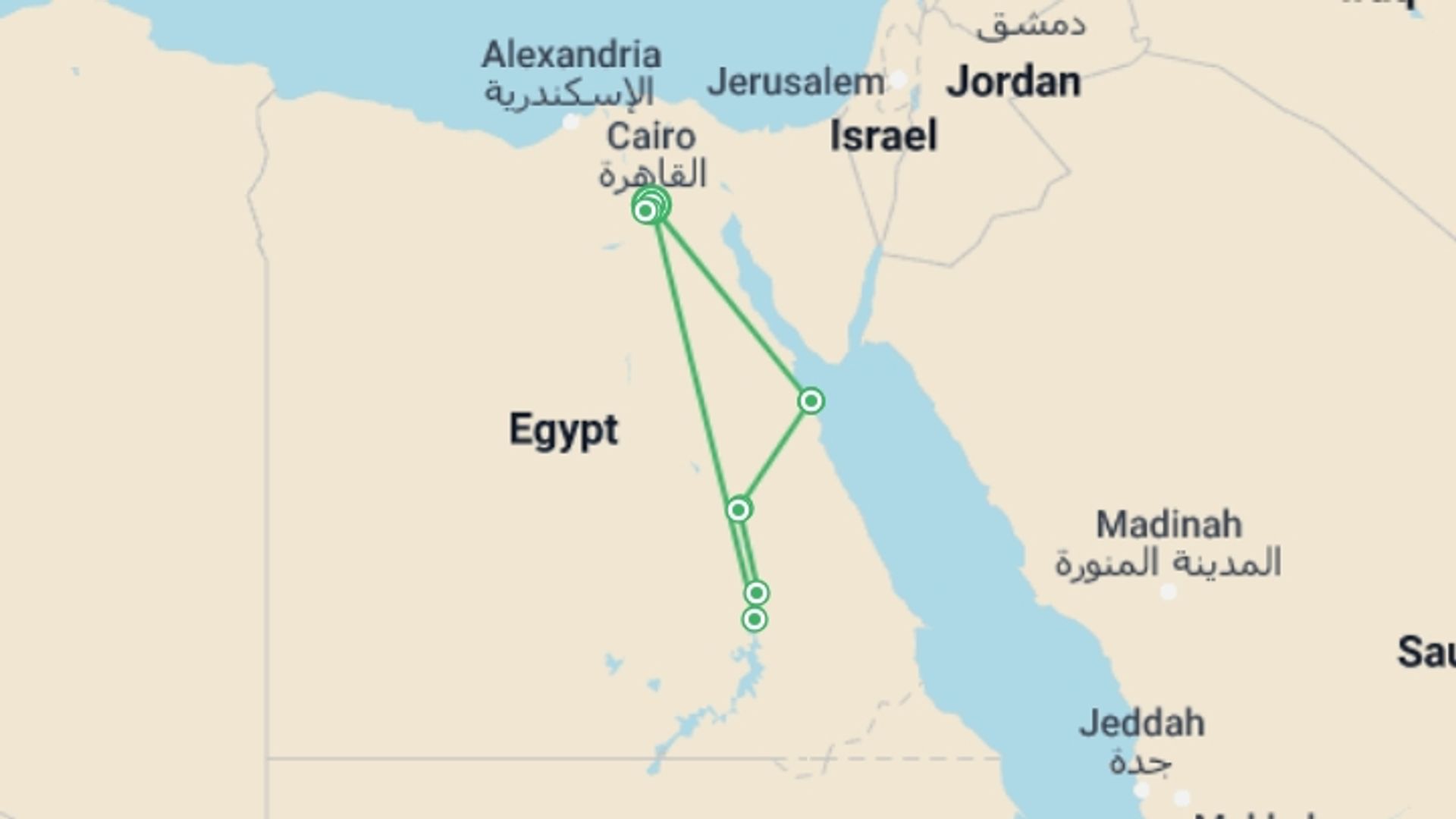 A map showing the tour itinerary for the trip: Egypt Luxury Honeymoon Holiday, starting in Cairo, Egypt and ending in Cairo, Egypt going through 4 other destinations.