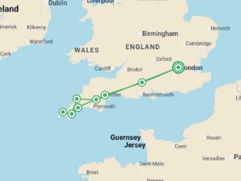 Map itinerary of London Tour in October 2026 with 5 destination visits for the trip: Corners of Cornwall