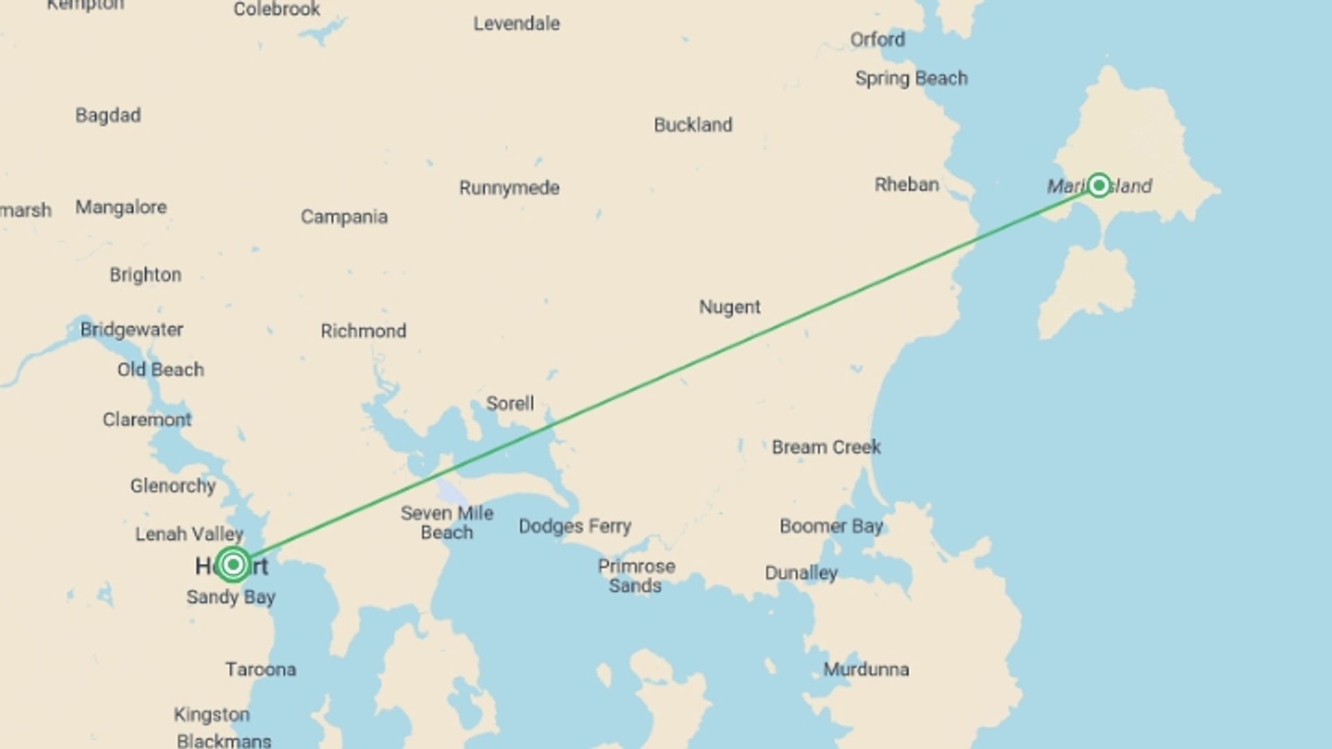 A map showing the tour itinerary for the trip: Tasmania's Maria Island Walk (Non-Portered), starting in Hobart, Australia and ending in Hobart, Australia going through 1 other destinations.