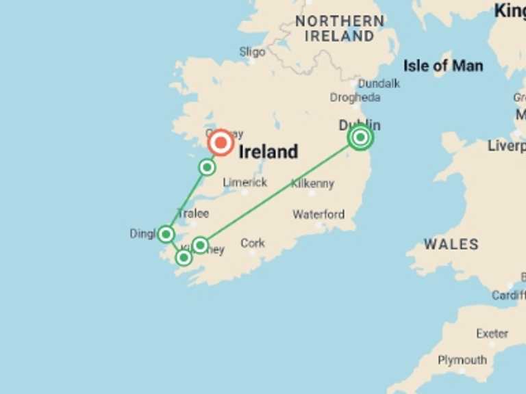 Map of Ireland Tour with 4 destination visits for the trip: 5-Day Magical Southern Ireland Tour