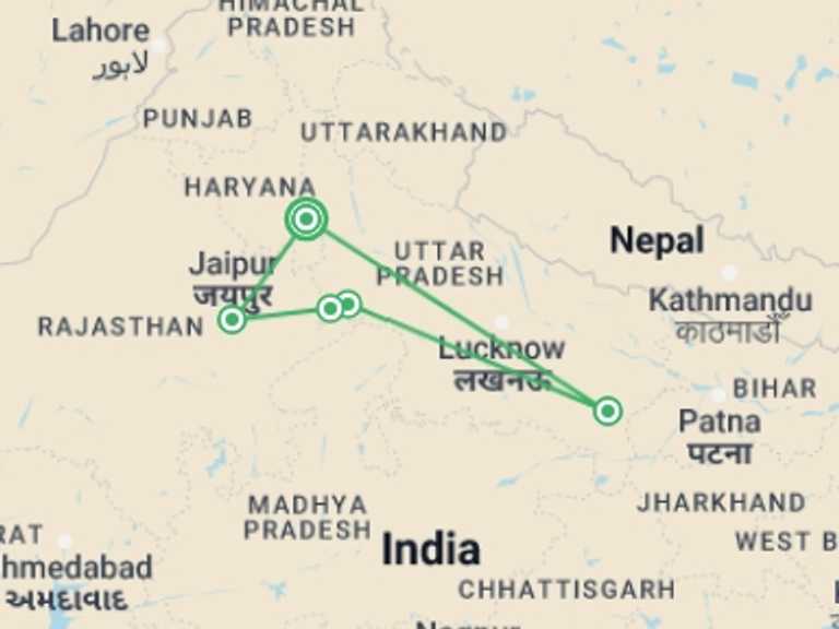 Map itinerary of India Tour in September 2027 with 5 destination visits for the trip: Ganges Tour