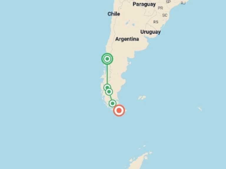 Map of South America Tour with 5 destination visits for the trip: Patagonia Overland: Puerto Varas to Ushuaia