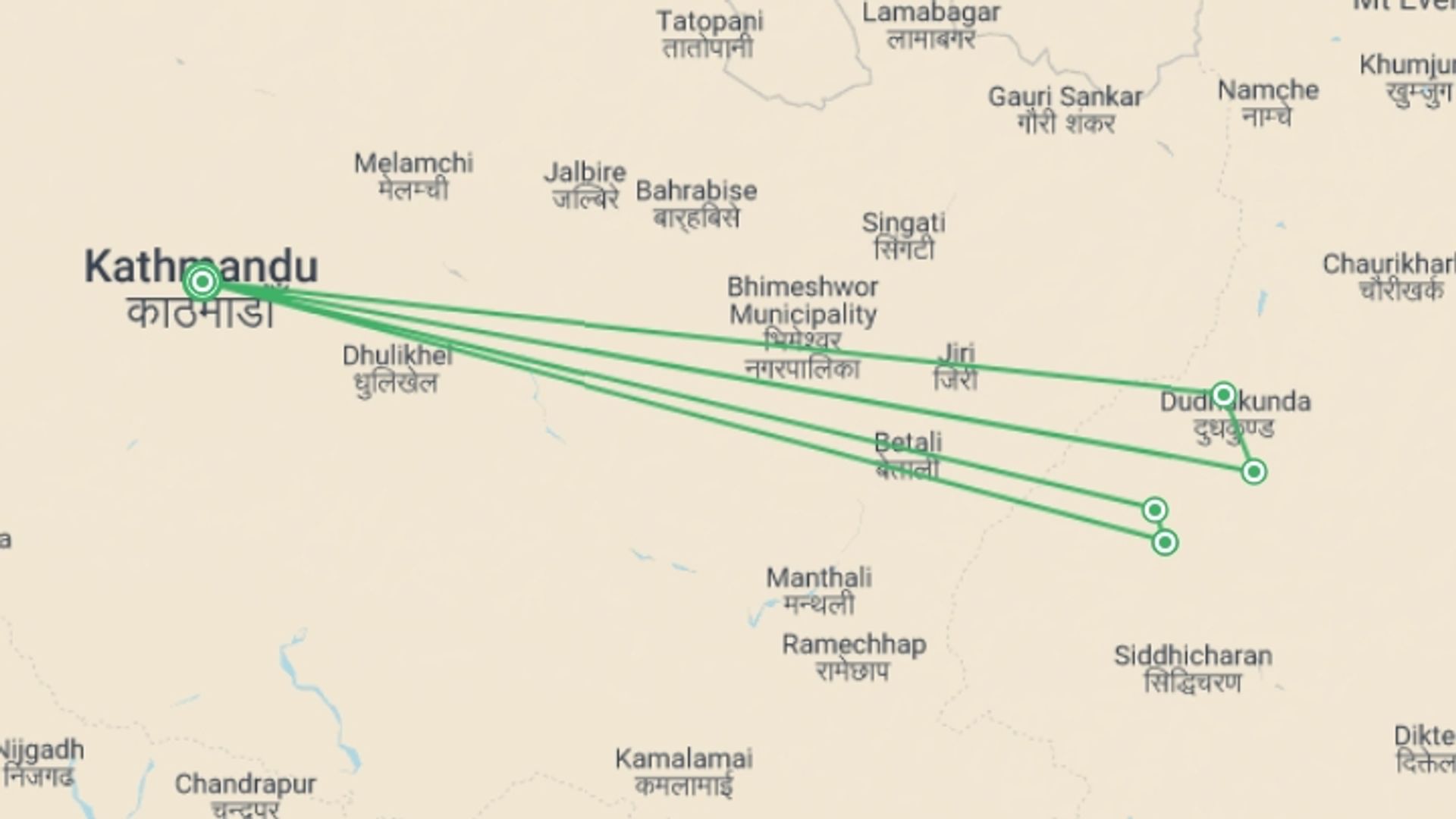 A map showing the tour itinerary for the trip: Pikey Peak Trek, starting in Kathmandu, Nepal and ending in Kathmandu, Nepal going through 5 other destinations.