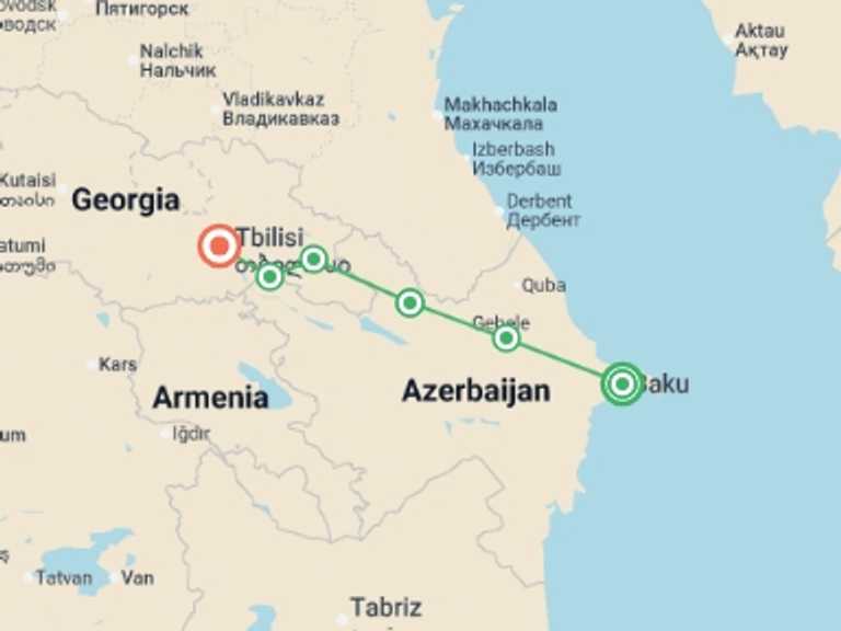 Map itinerary of Europe Tour in October 2027 with 6 destination visits for the trip: Highlights of Azerbaijan & Georgia