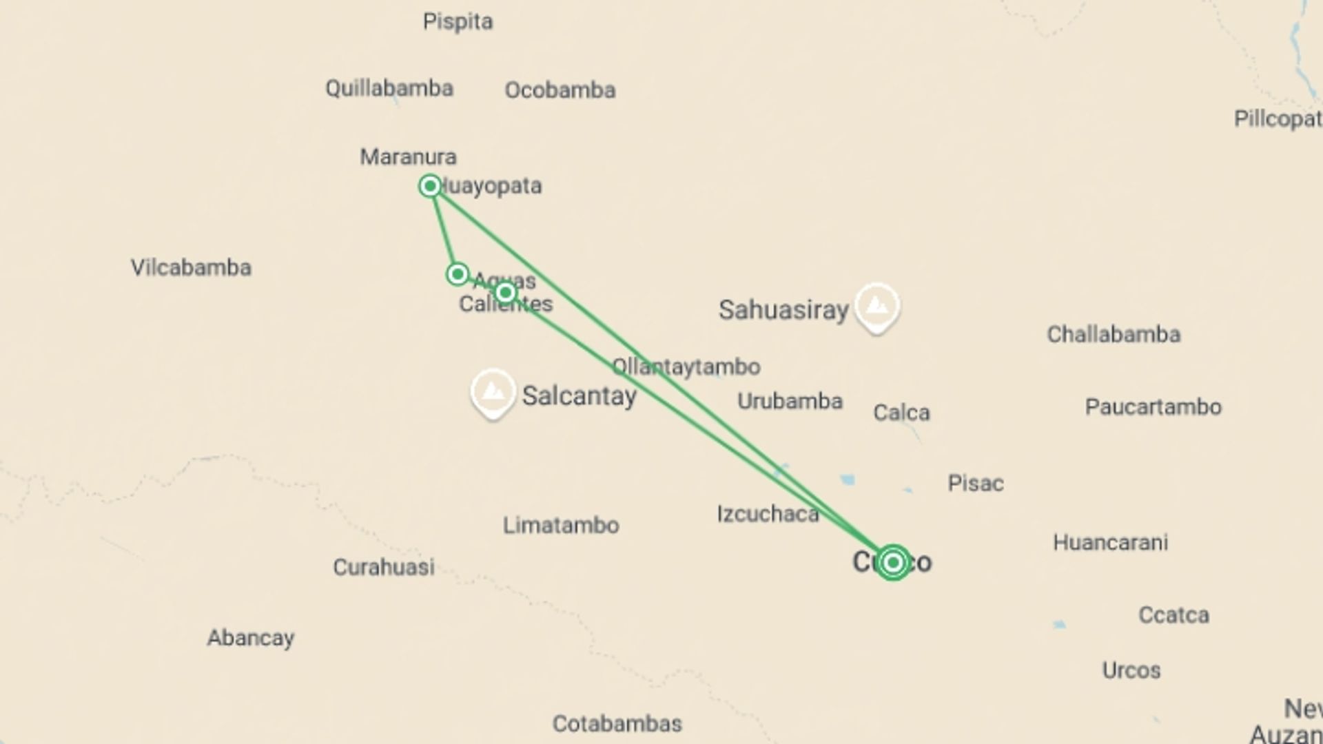 A map showing the tour itinerary for the trip: Peru Multi-Sport, starting in Cusco, Peru and ending in Cusco, Peru going through 5 other destinations.