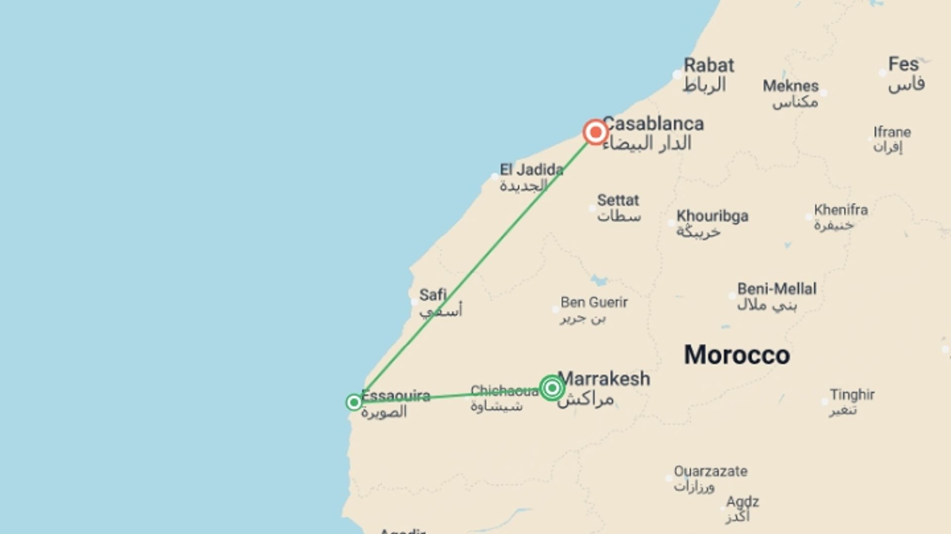 A map showing the tour itinerary for the trip: Casablanca to Marrakech & Coast - 6 days, starting in Marrakech, Morocco and ending in Casablanca, Morocco going through 1 other destinations.