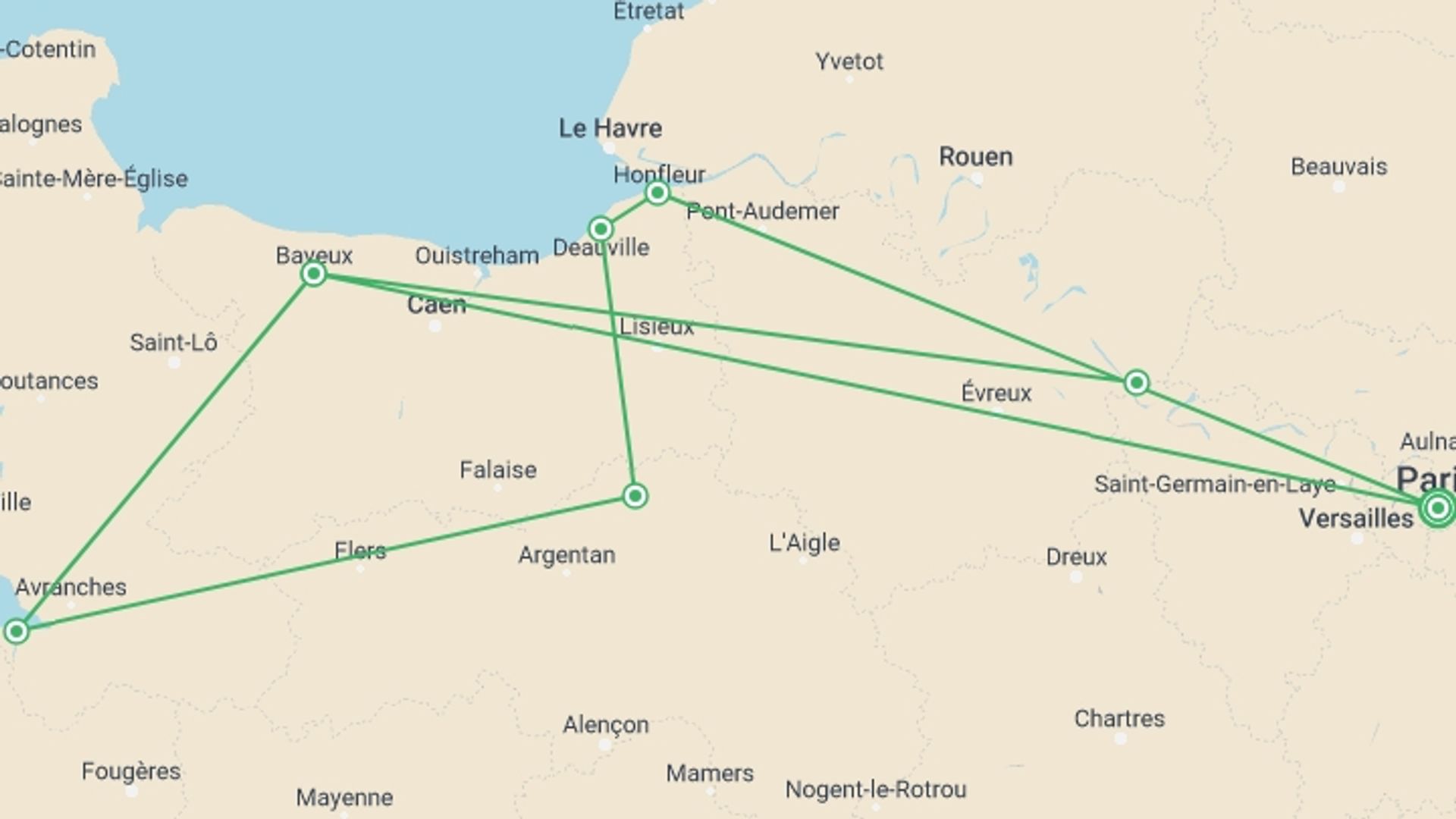 A map showing the tour itinerary for the trip: Paris to the Historic D-Day Beaches, starting in Paris, France and ending in Paris, France going through 4 other destinations.