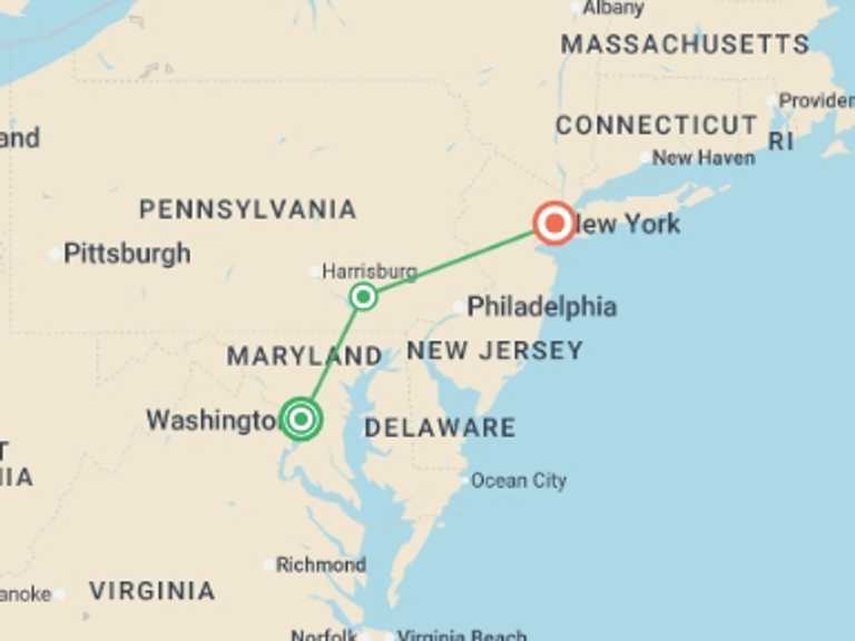 Map of North America Tour with 2 destination visits for the trip: Washington and New York