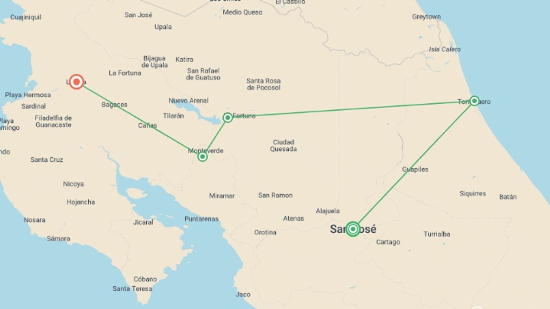 A map showing the tour itinerary for the trip: Costa Rica Nature Adventure, starting in San Jose, Costa Rica and ending in Liberia City, Costa Rica going through 5 other destinations.