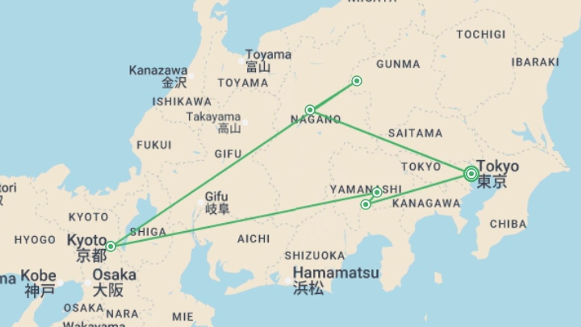 A map showing the tour itinerary for the trip: Central Japan Express, starting in Tokyo, Japan and ending in Tokyo, Japan going through 2 other destinations.