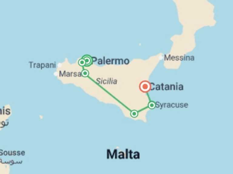 Map itinerary of Palermo Tour in Summer with 2 destination visits for the trip: A Taste of Sicily - Palermo to Syracusa