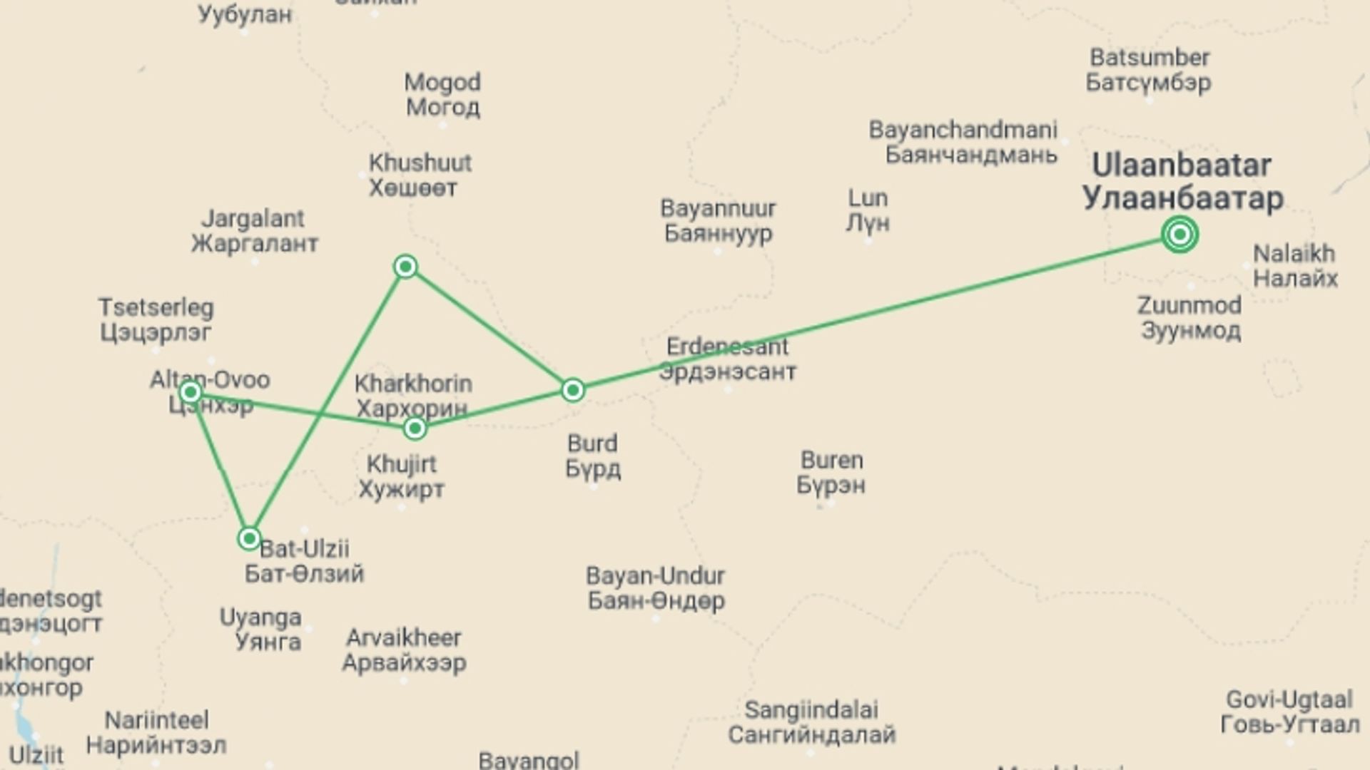 A map showing the tour itinerary for the trip: Ancient Capital of Mongolia, starting in Ulaanbaatar, Mongolia and ending in Ulaanbaatar, Mongolia going through 4 other destinations.