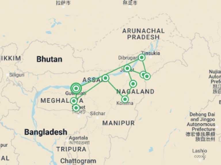 Map of a Festivals and events Tour with 13 destination visits for the trip: Highlights of Assam and Nagaland
