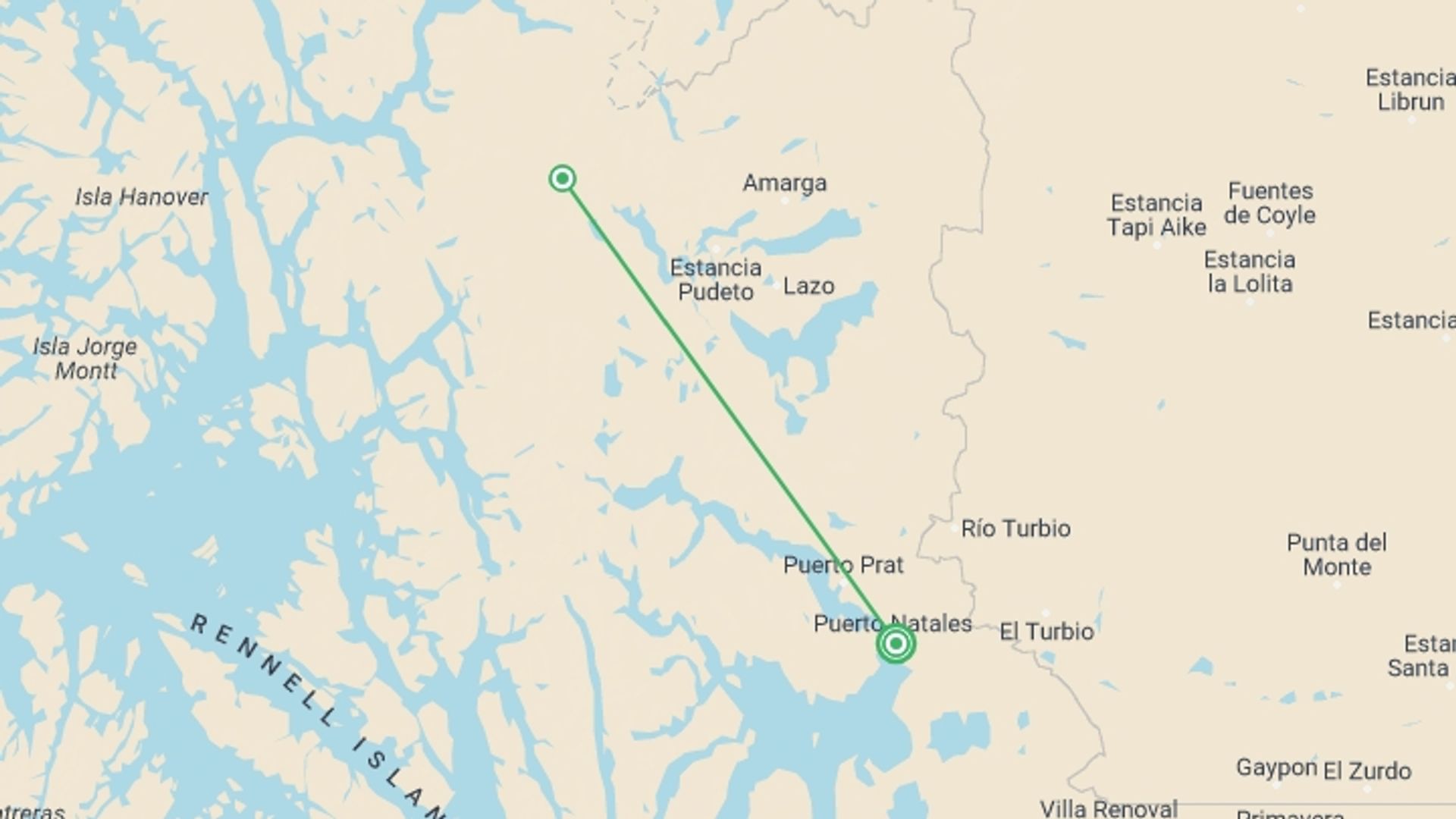 A map showing the tour itinerary for the trip: Patagonia Short Break - Torres Del Paine, starting in Puerto Natales, Chile and ending in Puerto Natales, Chile going through 2 other destinations.