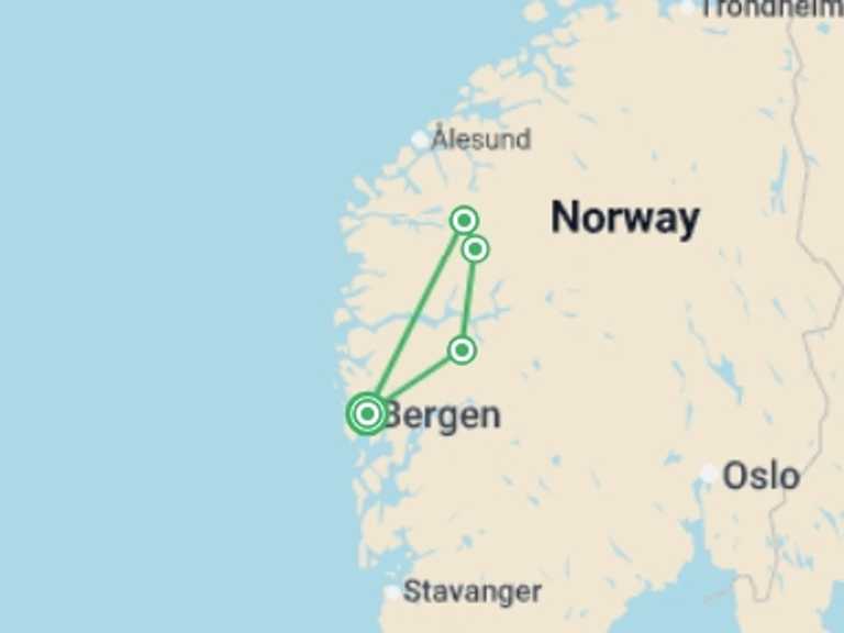 Map itinerary of Bergen Tour in May 2026 with 4 destination visits for the trip: Norway: Hike, Bike & Kayak