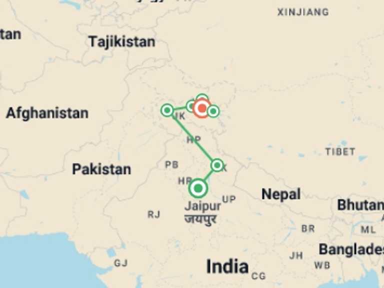 Map itinerary of Asia Tour in September 2026 with 7 destination visits for the trip: Kashmir to Ladakh: Where Valleys Meet the Sky