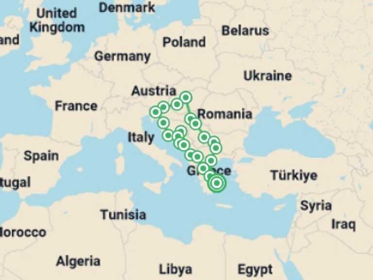 Map itinerary of Athens Tour in May 2026 with 12 destination visits for the trip: Balkan Explorer