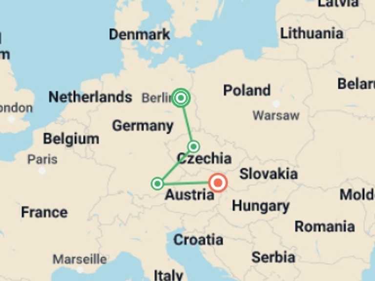Map itinerary of Vienna Tour in June 2027 with 4 destination visits for the trip: Epic Europe : Berlin to Vienna (4 Star Hotels)