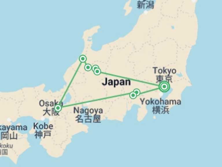 Map of 10-Day Tokyo Tour with 5 destination visits for the trip: Beauties of Japan