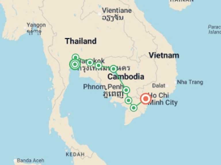 Map of 14-Day Ho Chi Minh City Tour with 9 destination visits for the trip: Cycle Indochina & Angkor - Premium Adventure