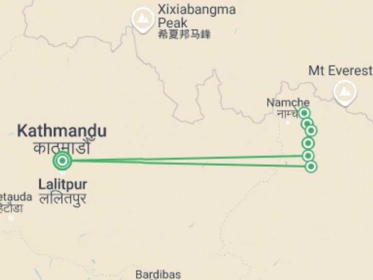 Map itinerary of Nepal Tour in Winter with 8 destination visits for the trip: Gokyo Valley Trek