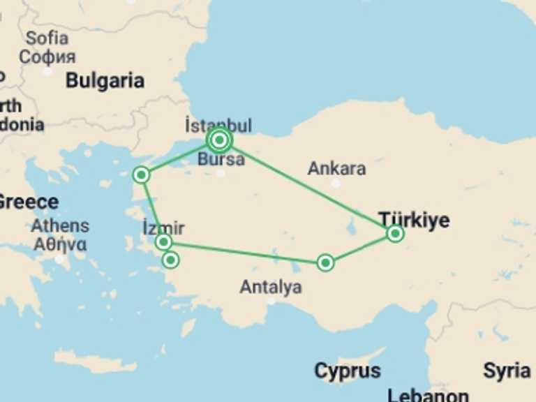 Map itinerary of Istanbul Tour in September 2027 with 5 destination visits for the trip: Highlights of Turkey