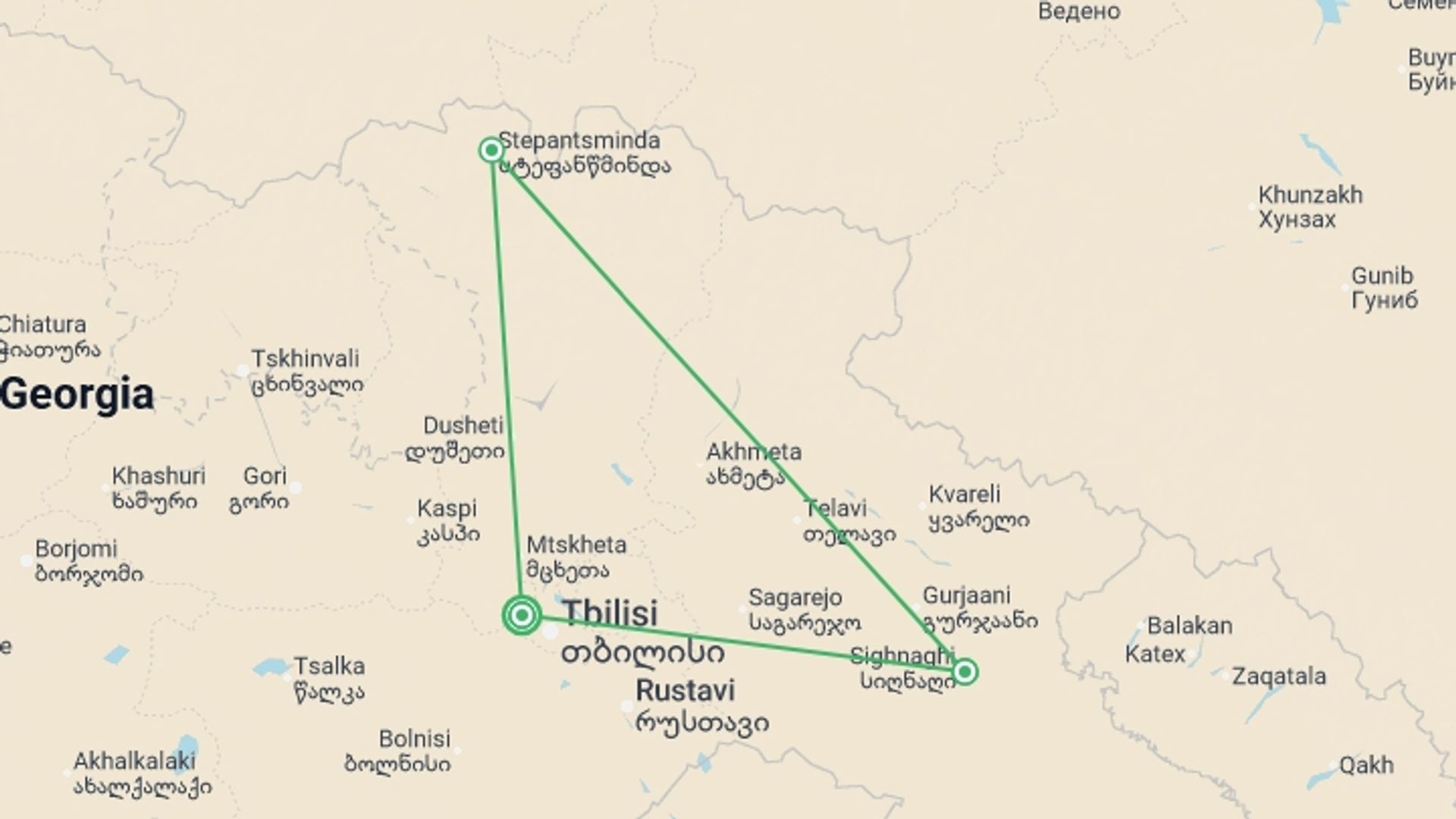 A map showing the tour itinerary for the trip: A Taste of Georgia - Tbilisi to the Caucasus Mountains, starting in Tbilisi, Georgia and ending in Tbilisi, Georgia going through 2 other destinations.