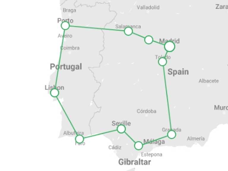 Map of Lisbon Tour with 6 destination visits for the trip: Spain & Portugal Christmas