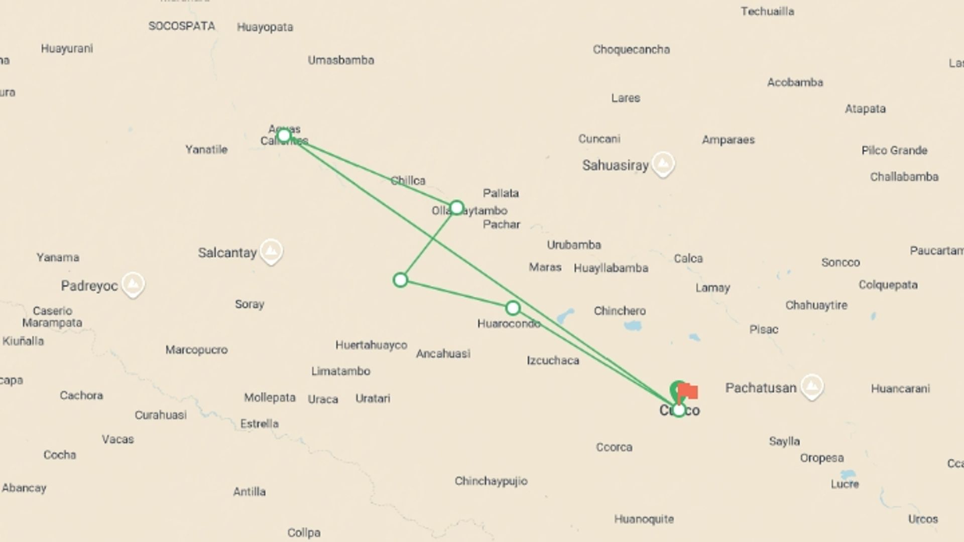A map showing the tour itinerary for the trip: Ancasccocha trek to Machu Picchu 5d/4n, starting in Cusco, Peru and ending in Cusco, Peru going through 6 other destinations.