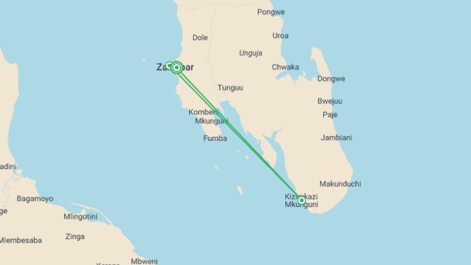 A map showing the tour itinerary for the trip: Zanzibar Beach Holiday, starting in Zanzibar, Tanzania and ending in Zanzibar, Tanzania going through 2 other destinations.