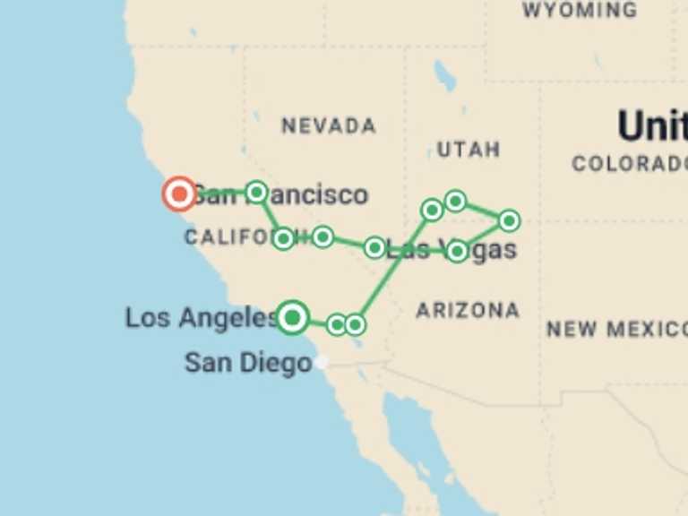 Map of Yosemite National Park Tour with 12 destination visits for the trip: USA National Parks Explorer
