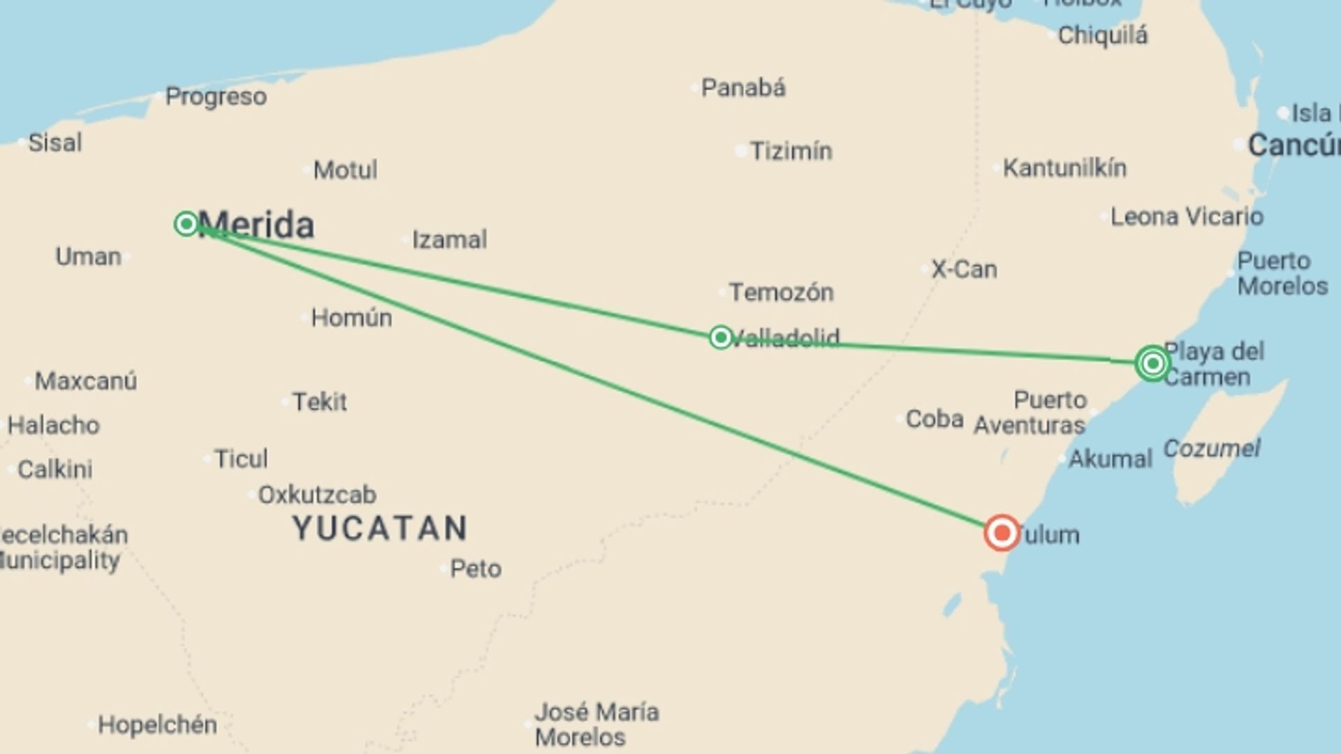 A map showing the tour itinerary for the trip: Mexico's Yucatán Peninsula: Mayan Ruins & Cenotes, starting in Playa Del Carmen, Mexico and ending in Tulum, Mexico going through 2 other destinations.