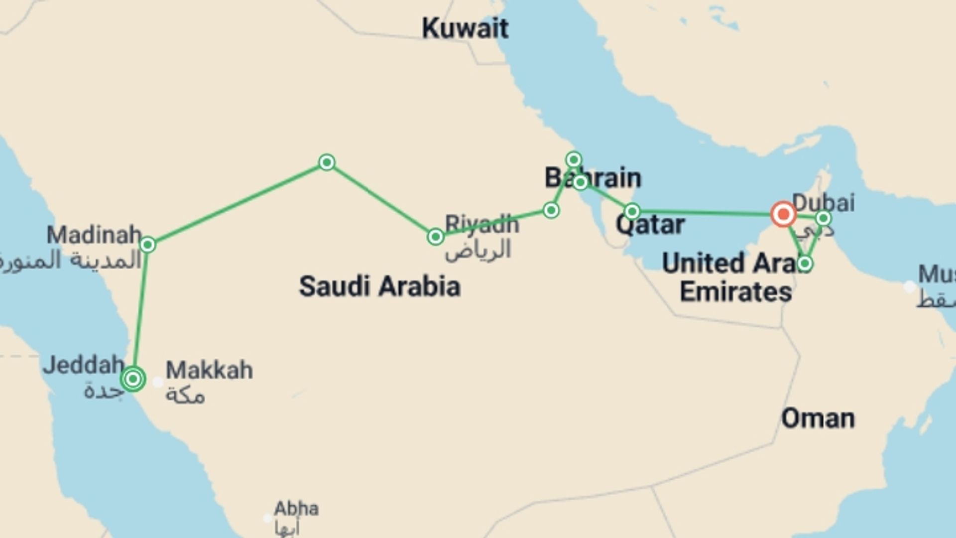 A map showing the tour itinerary for the trip: Saudi Arabia with Bahrain, Qatar and Emirates, starting in Jeddah, Saudi Arabia and ending in Dubai, UAE going through 9 other destinations.