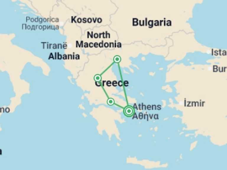 Map itinerary of Athens Tour in October 2026 with 4 destination visits for the trip: Mainland Greece Discovery